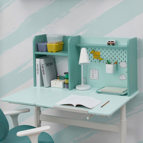 BERGLÄRKA Desk, turquoise/white tiltable, 100x70 cm