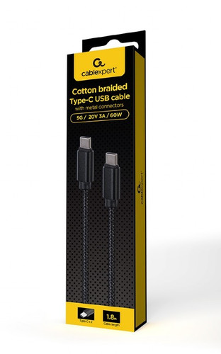 Gembird Cable USB C male - male USB C cotton braided 1.8m, black
