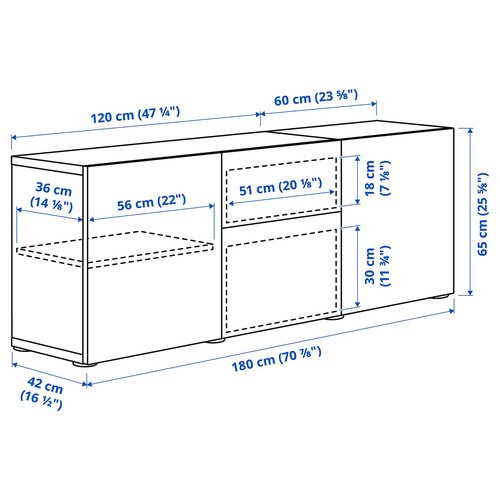 BESTÅ Storage combination with drawers, white stained oak effect/Selsviken high-gloss/white, 180x42x65 cm