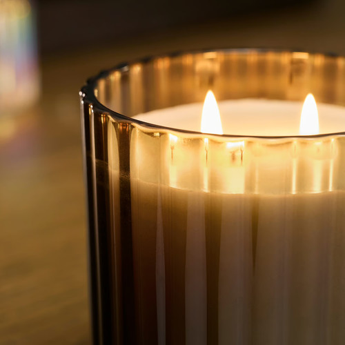 TOFSTÄRNA Scented candle in glass, 2 wicks, Fig leaf brown, 50 hr