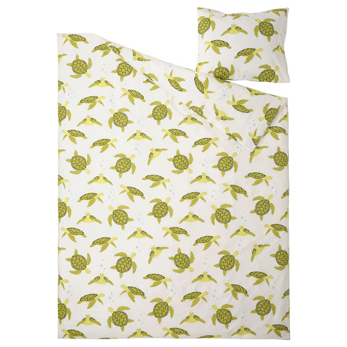 BLÅVINGAD Duvet cover and pillowcase, turtle pattern green/white, 150x200/50x60 cm