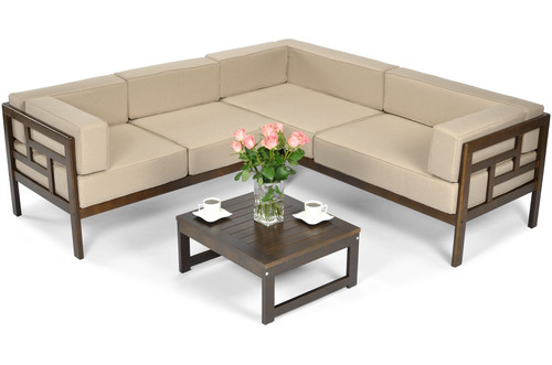 Garden Outdoor Corner Sofa, wood, dark brown, beige