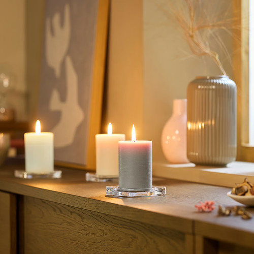LOTSFÅGEL Scented pillar candle, Vanilla beige, 30 hr, 3-pack