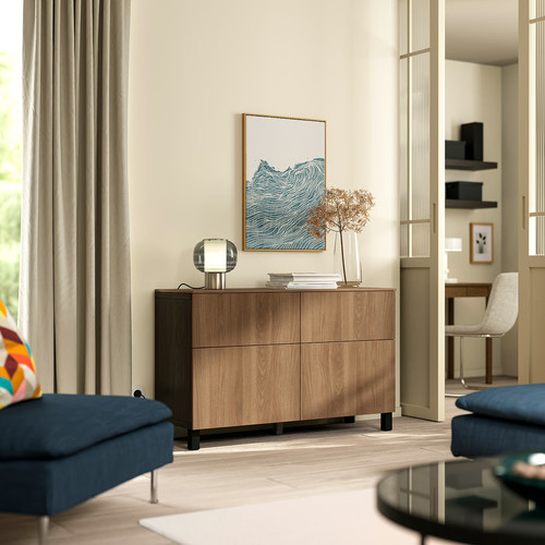 BESTÅ Storage combination w doors/drawers, black-brown/Lappviken/Stubbarp walnut effect, 120x42x75 cm