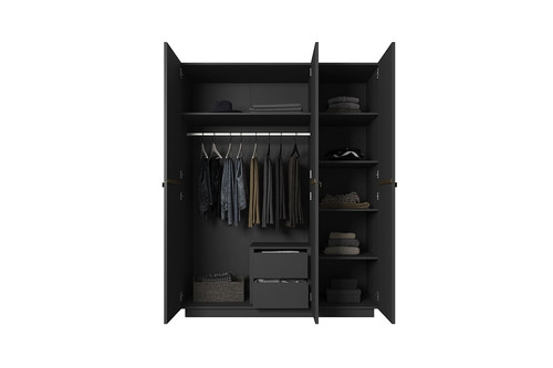 Wardrobe with Drawer Unit Nicole 150 cm, matt black, gold handles