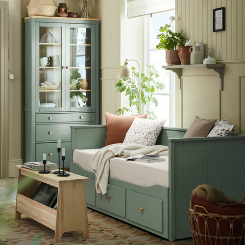 HEMNES Day-bed frame with 3 drawers, grey-green, 80x200 cm