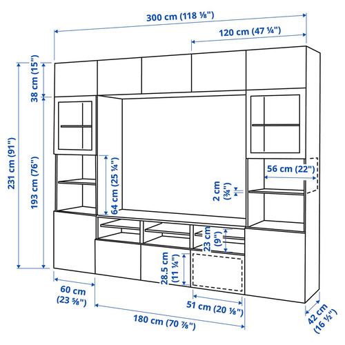 BESTÅ TV storage combination/glass doors, black-brown/Selsviken high-gloss/black smoked glass, 300x42x231 cm