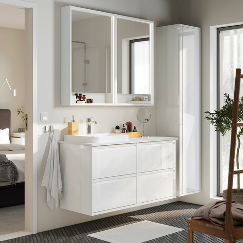 ÄNGSJÖN / BACKSJÖN Wash-stand/wash-basin/tap, high-gloss white/white marble effect, 122x49x71 cm
