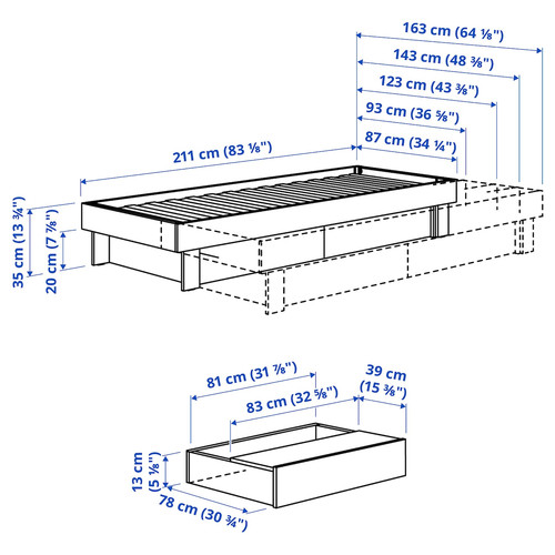 GLAMBERGET Bed frame with storage and mattress, pine/Vesteröy hard, 120x200 cm