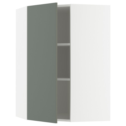 METOD Corner wall cabinet with shelves, white/Nickebo matt grey-green, 68x100 cm