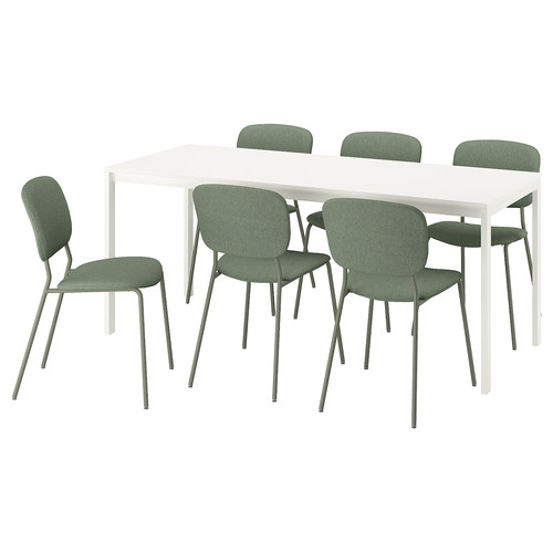 VIHALS / VIHALS Table and 6 chairs, white/green Tibbleby grey-green, 120/180x74 cm