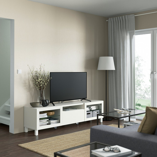 BESTÅ TV bench, white/Lappviken/Stubbarp white clear glass, 180x42x48 cm