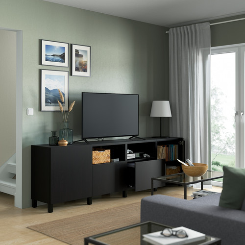 BESTÅ TV bench with doors and drawers, black-brown, Lappviken/Stubbarp black-brown, 240x42x74 cm