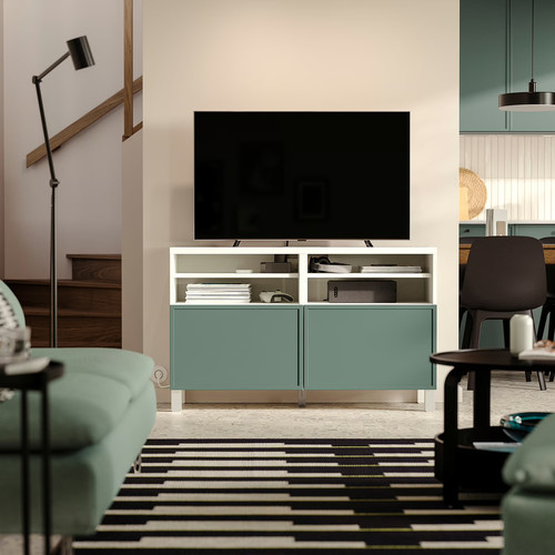 BESTÅ TV bench with doors, white/Krukmakare dark grey-green, 120x42x74 cm