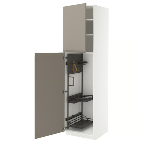 METOD High cabinet with cleaning interior, white/Upplöv matt dark beige, 60x60x220 cm