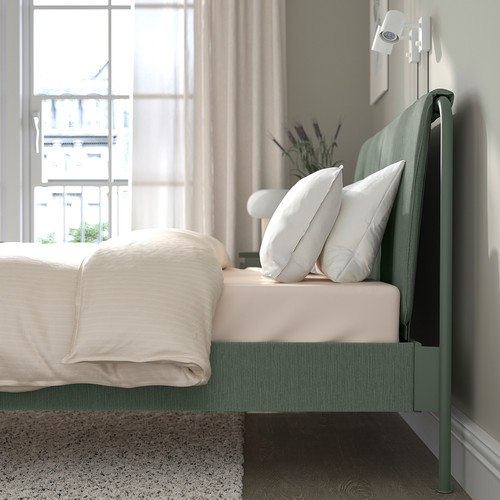 TÄLLÅSEN Upholstered bed frame with mattress, Kulsta grey-green/Valevåg firm, 140x200 cm