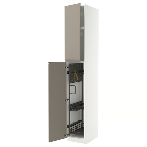 METOD High cabinet with cleaning interior, white/Upplöv matt dark beige, 40x60x240 cm