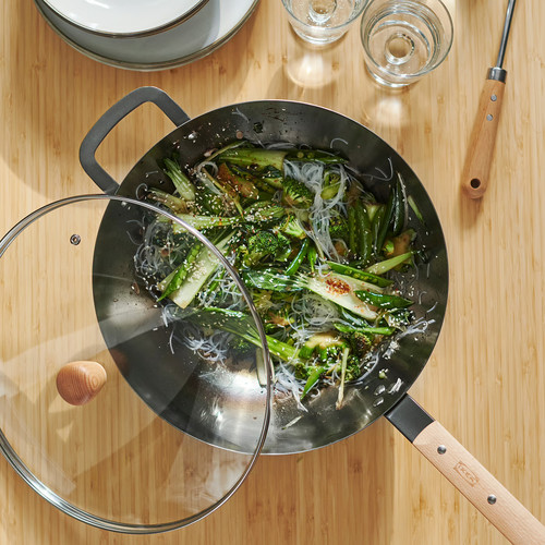 VARDAGEN Wok with lid, glass/carbon steel beech, 32 cm