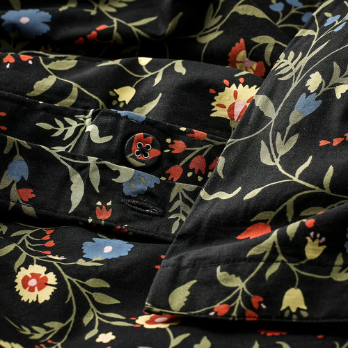 BRUDKRUSBÄR Duvet cover and 2 pillowcases, black multicolour/floral pattern, 200x200/50x60 cm