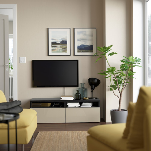 BESTÅ TV bench with drawers, black-brown/Selsviken high-gloss/beige, 120x42x39 cm