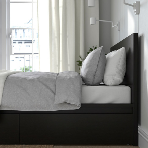 MALM Bed frame, high, w 4 storage boxes, black-brown/Lindbåden, 140x200 cm