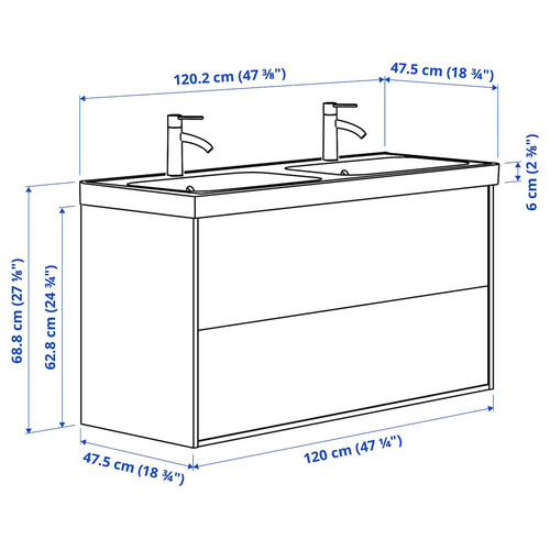 ÄNGSJÖN / BACKSJÖN Wash-stnd w drawers/wash-basin/taps, brown oak effect, 120x48x69 cm
