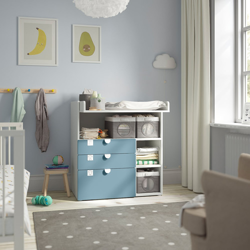 SMÅSTAD Changing table, white blue/with 3 drawers, 90x79x100 cm