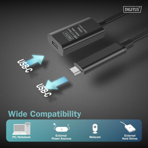 DIGITUS Active USB 3.2 Gen2 10G extension cable, USB-C - USB-C, 5m