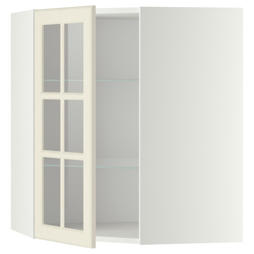 METOD Corner wall cab w shelves/glass dr, white/Bodbyn off-white, 68x80 cm