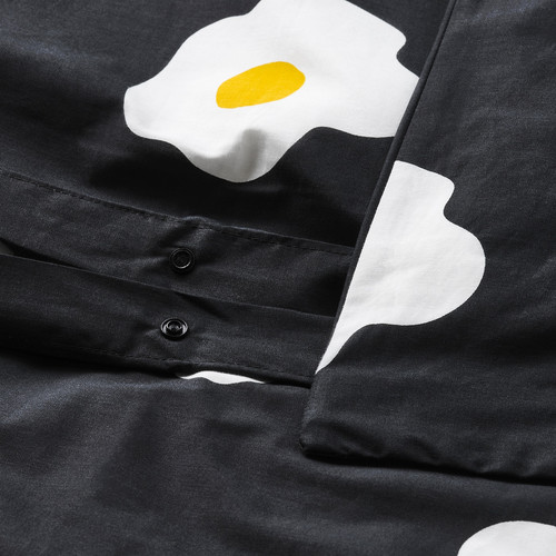 ÖGONLOCKSMAL Duvet cover and 2 pillowcases, black/white/yellow, 200x200/50x60 cm