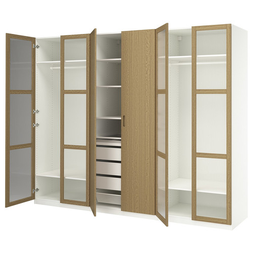 PAX / TONSTAD Wardrobe combination, white/oak veneer glass, 300x60x236 cm