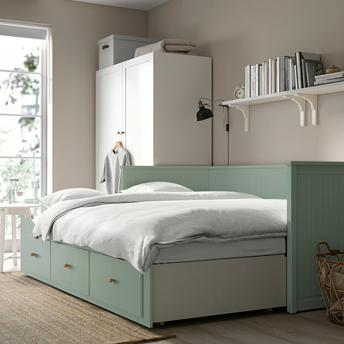 HEMNES Day-bed frame with 3 drawers, grey-green, 80x200 cm
