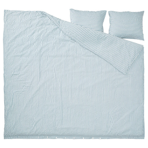SMÅNUNNEÖRT Duvet cover and 2 pillowcases, dark grey-blue white/striped, 200x200/50x60 cm