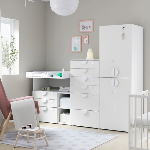 SMÅSTAD / PLATSA Storage combination, white white/with changing table, 210x79x181 cm