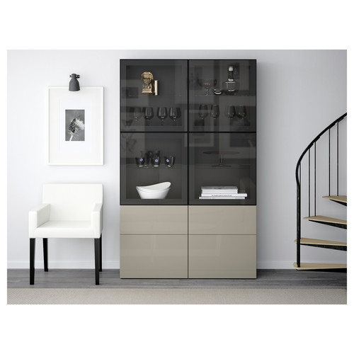 BESTÅ Storage combination w/glass doors, black-brown, Selsviken high-gloss/beige, clear glass, 120x40x192 cm