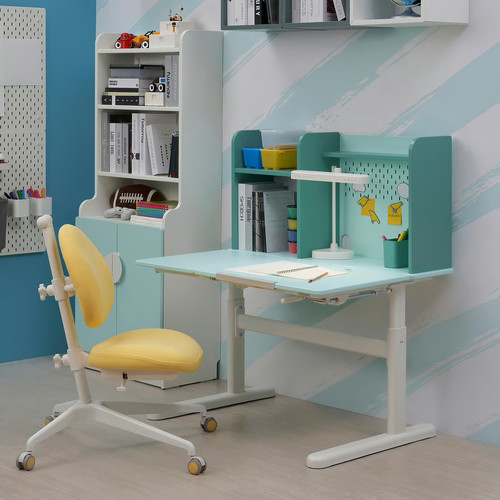 BERGLÄRKA Desk, turquoise/white tiltable, 100x70 cm