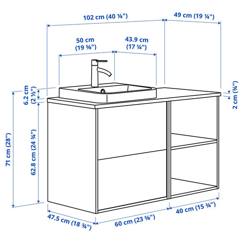 HAVBÄCK / ORRSJÖN Wash-stand/wash-basin/tap, dark grey/brown oak effect/white marble effect, 102x49x71 cm
