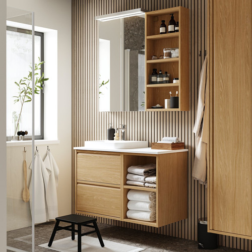 ÄNGSJÖN / BACKSJÖN Wash-stand/wash-basin/tap, oak effect/white marble effect, 102x49x71 cm
