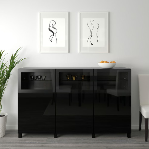 BESTÅ Storage combination with doors, black-brown, Selsviken high-gloss/black, clear glass, 180x40x112 cm