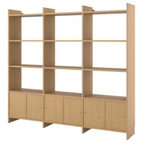 LÅDMAKARE Storage combination w sliding doors, with 9 shelves/oak effect, 238x35x212 cm