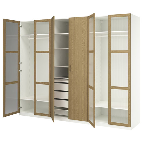 PAX / TONSTAD Wardrobe combination, white/oak veneer glass, 300x60x236 cm
