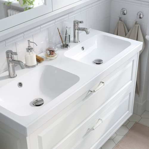 ÄNGSJÖN / BACKSJÖN Wash-stand/wash-basin/taps, high-gloss white, 122x49x69 cm