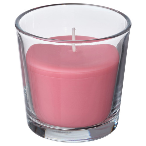 BLODBOK Scented candle in glass, Strawberry/bright pink, 25 hr