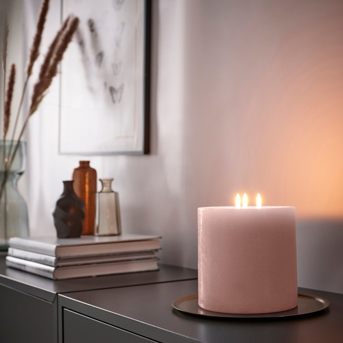 GRÄNSSKOG Unscented pillar candle, 3 wick, pale pink, 14 cm