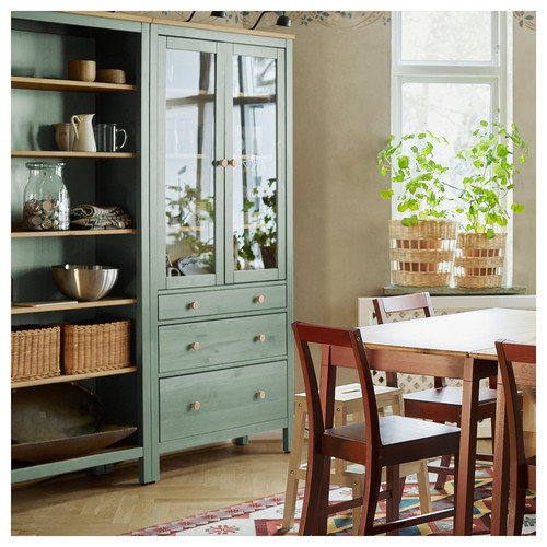 HEMNES Storage combination w doors/drawers, grey-green/light brown stained, 180x197 cm