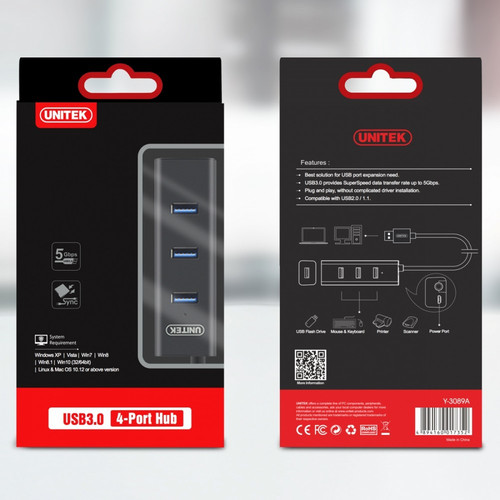 Unitek USB3.0 4-Port Hub 4x USB 3.0; BC1.2; BLACK; Y-3089