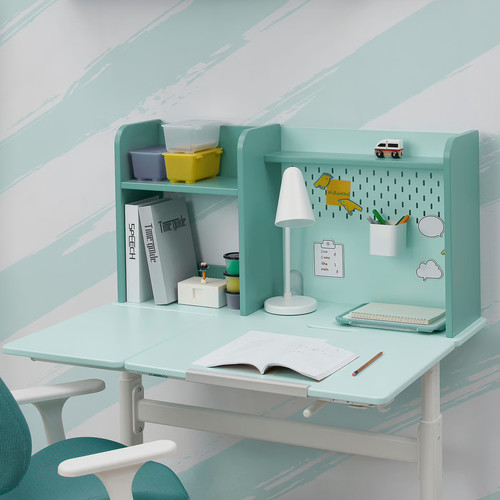BERGLÄRKA Desk, turquoise/white tiltable, 100x70 cm