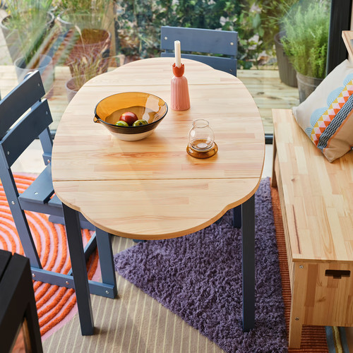 OMMJÄNGE Drop-leaf table, pine/stained blue, 134x82 cm