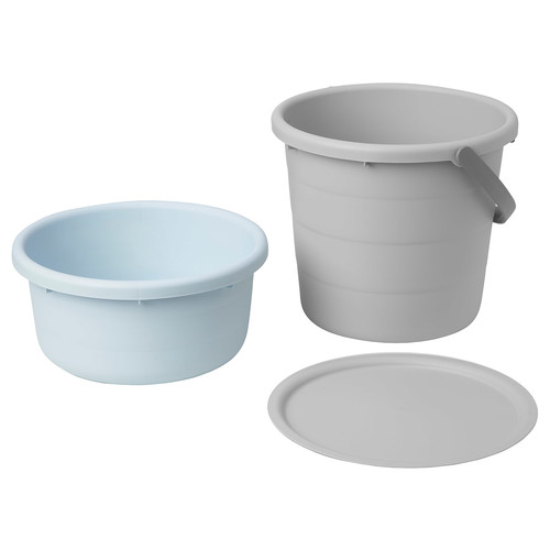 PEPPRIG 3-piece bucket set with lid, grey/blue