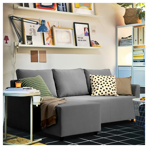 BRISSUND 3-seat sofa-bed with chaise longue, Hakebo dark grey